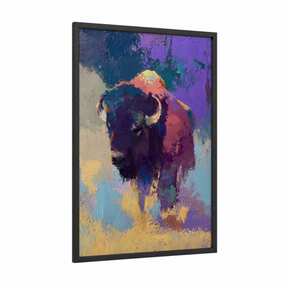 Colorful Bison framed art print — black wood frame — purple and gold palette