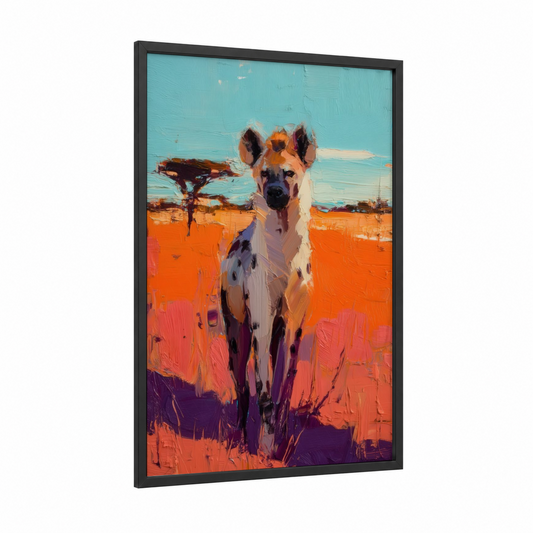 Savanna Hyena framed art print — black wood frame — orange and turquoise palette