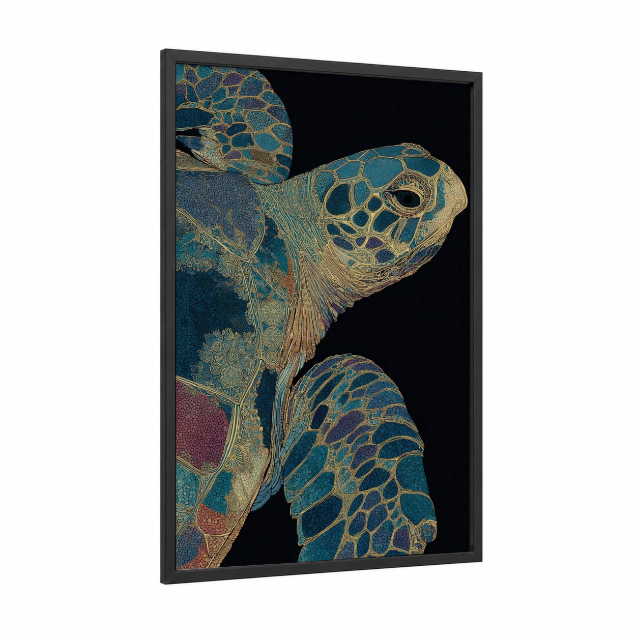 Golden Turtle framed art print — black wood frame — teal and gold palette