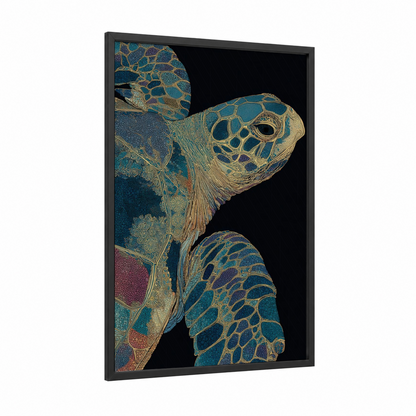 Golden Turtle framed art print — black wood frame — teal and gold palette