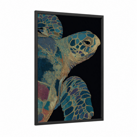 Golden Turtle framed art print — black wood frame — teal and gold palette