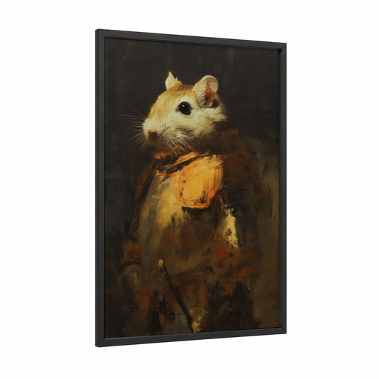 Noble Gerbil framed art print — black wood frame — gold and brown palette