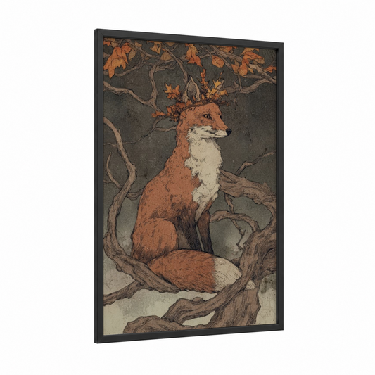 Autumn Fox framed art print — black wood frame — russet and dove gray palette