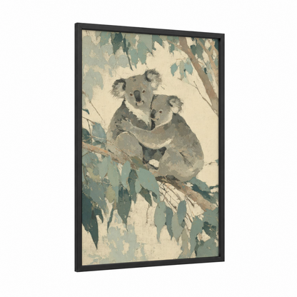 Eucalyptus Embrace framed animals in love print — black wood frame — sage green and cream palette