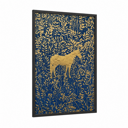 Golden Miniature Horse framed art print — black wood frame — gold and blue palette