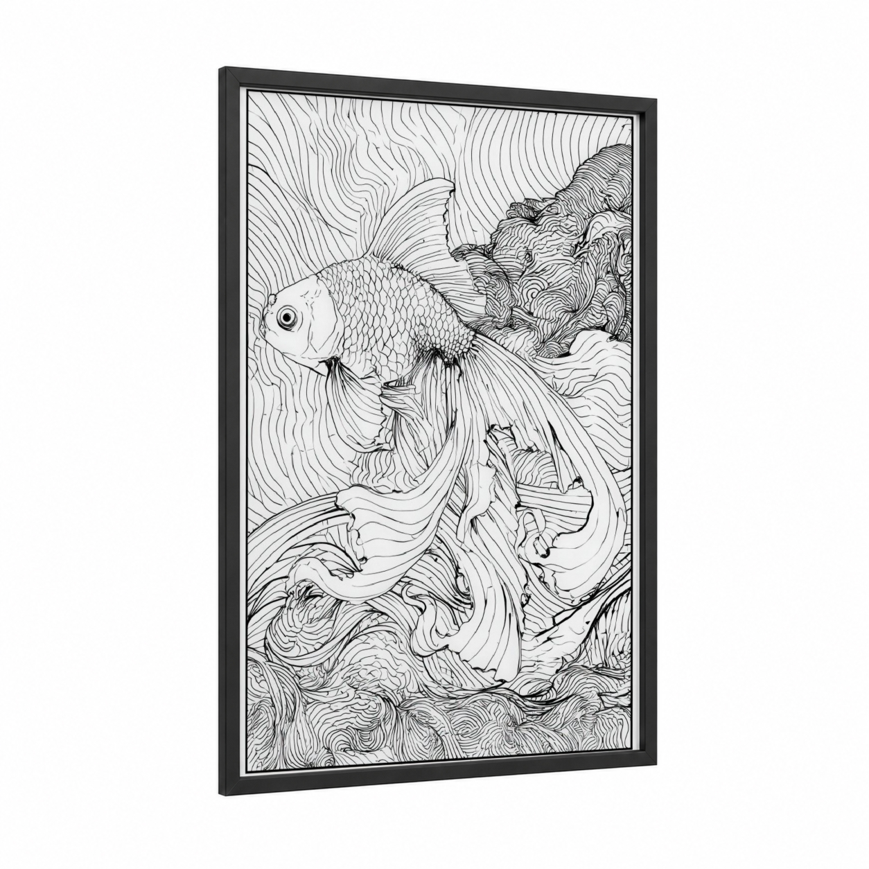 Flowing Zebrafish framed art print — black wood frame — black and white palette
