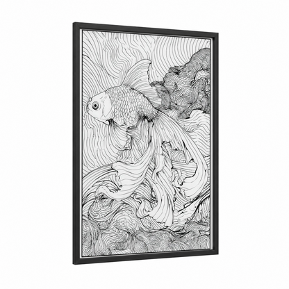Flowing Zebrafish framed art print — black wood frame — black and white palette