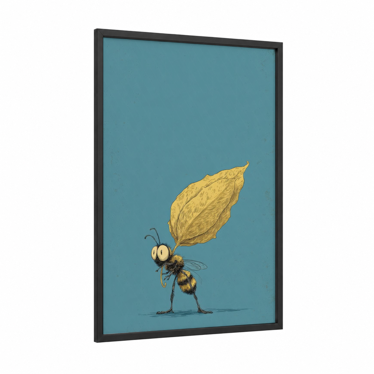 Golden Leaf Bee framed art print — black wood frame — teal and yellow gold palette