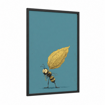 Golden Leaf Bee framed art print — black wood frame — teal and yellow gold palette
