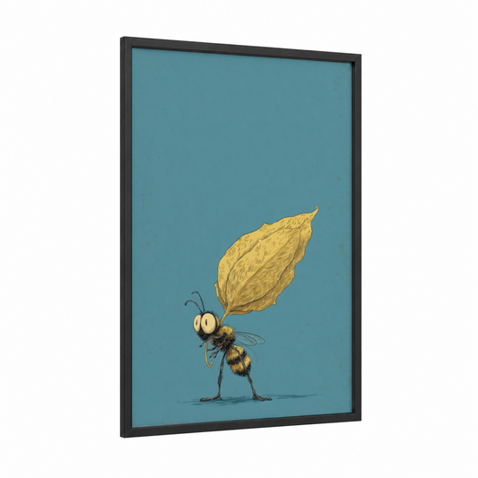 Golden Leaf Bee framed art print — black wood frame — teal and yellow gold palette