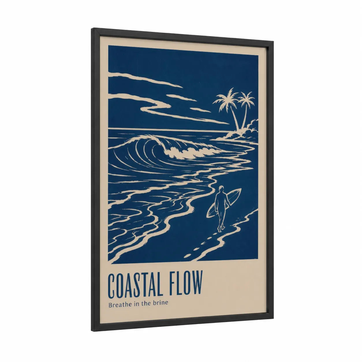Tropical Surfer Ocean Wave Wall Art framed surfing print — black wood frame — blue and beige palette