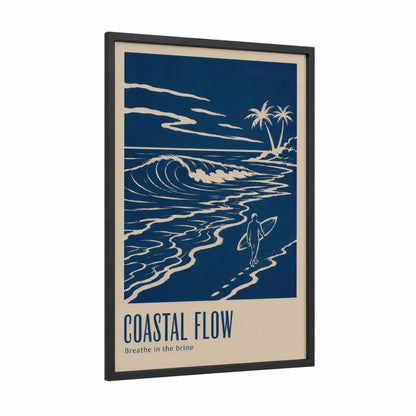 Tropical Surfer Ocean Wave Wall Art framed surfing print — black wood frame — blue and beige palette