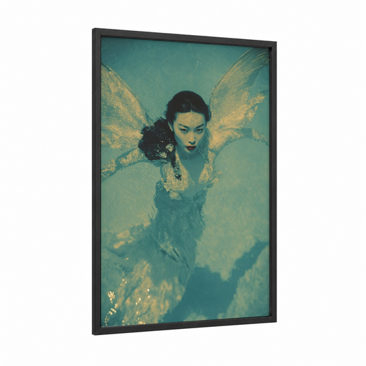Golden Mermaid framed art print — black wood frame — teal and gold palette