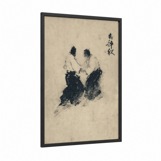 Graceful Judokas framed art print — black wood frame — black and white and cream palette