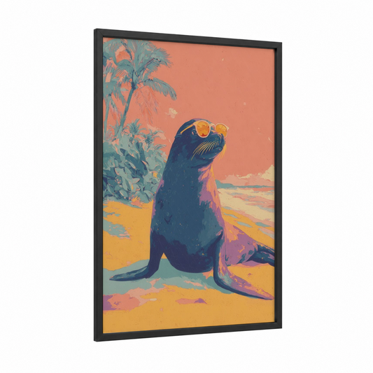 Cool Sea Lion framed art print — black wood frame — orange and teal palette
