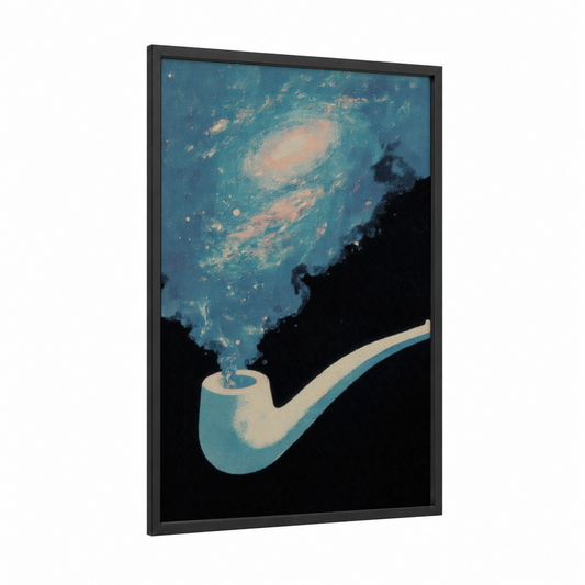 Cosmic Pipe framed smoke print — black wood frame — teal and peach palette