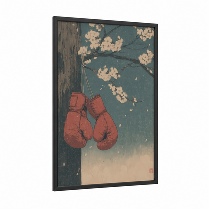 Hanging Boxing Gloves framed art print — black wood frame — teal and cream palette