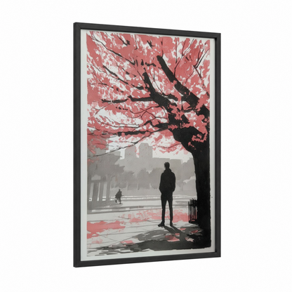 Solitude Cherry Blossom framed cherry blossoms print — black wood frame — rose gold and gray palette