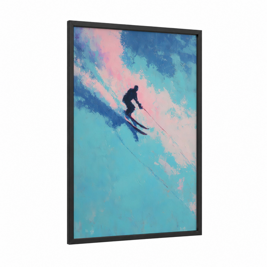 Alpine Skier framed water skiing print — black wood frame — blue and pink palette
