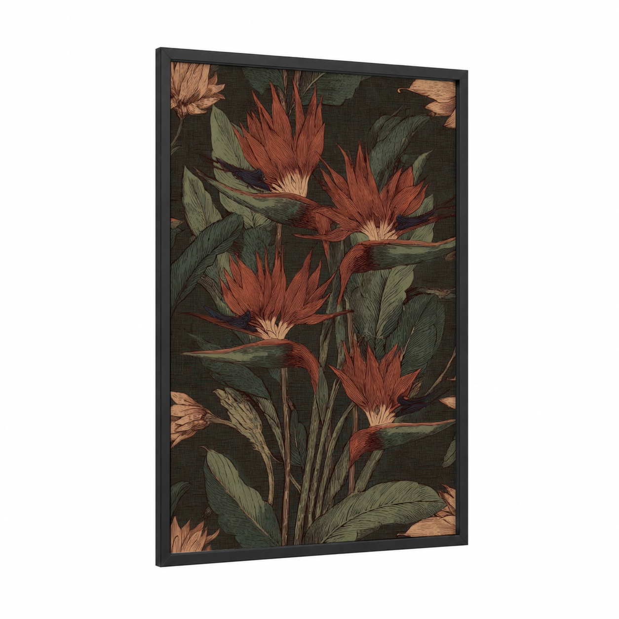 Crimson Paradise Blooms framed birds of paradise print — black wood frame — dark green palette