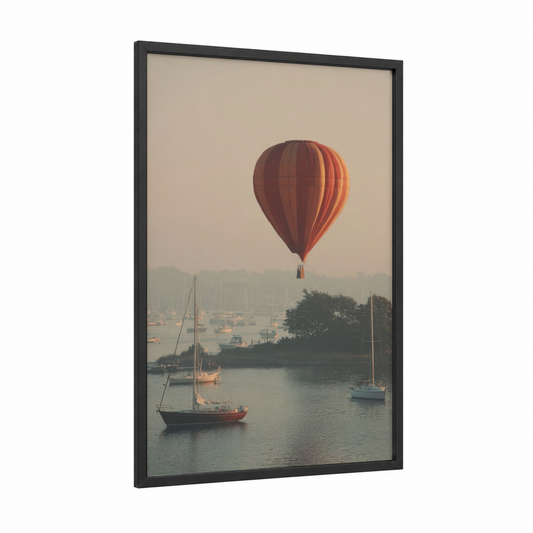 Sunrise Balloon Harbor framed hot air baloon print — black wood frame — peach and dove gray palette