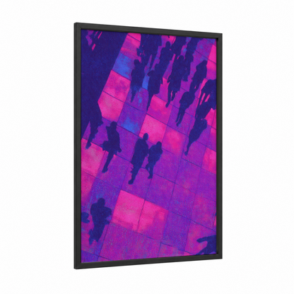 Neon Disco Crowd framed art print — black wood frame — magenta and purple palette