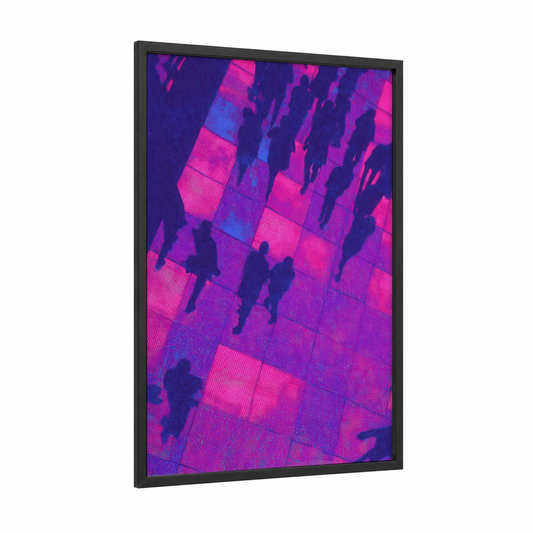 Neon Disco Crowd framed art print — black wood frame — magenta and purple palette