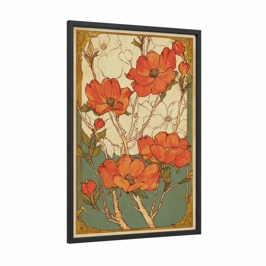 Coral Dogwood Blooms framed art print — black wood frame — gold and red palette