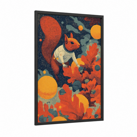 Autumn Squirrel framed art print — black wood frame — orange and dark blue palette