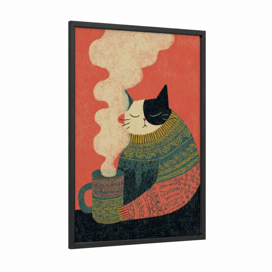 Cozy Cat Tea framed art print — black wood frame — cream palette