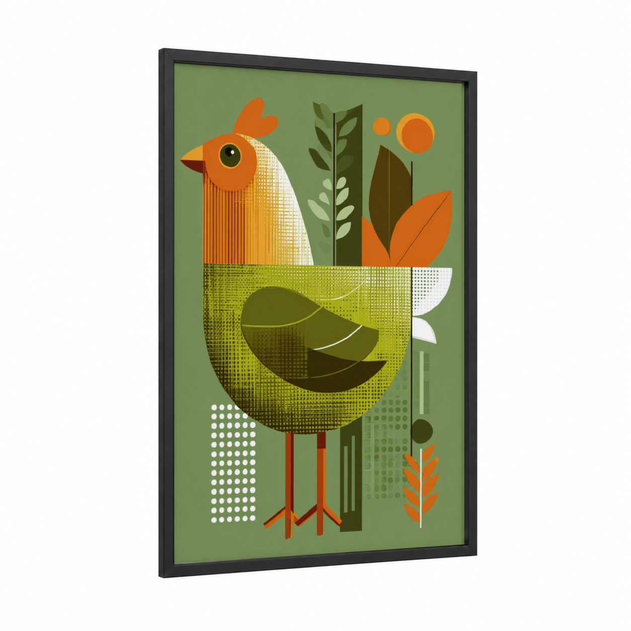 Geometric Rooster framed chicken and roosters print — black wood frame — orange and sage green palette