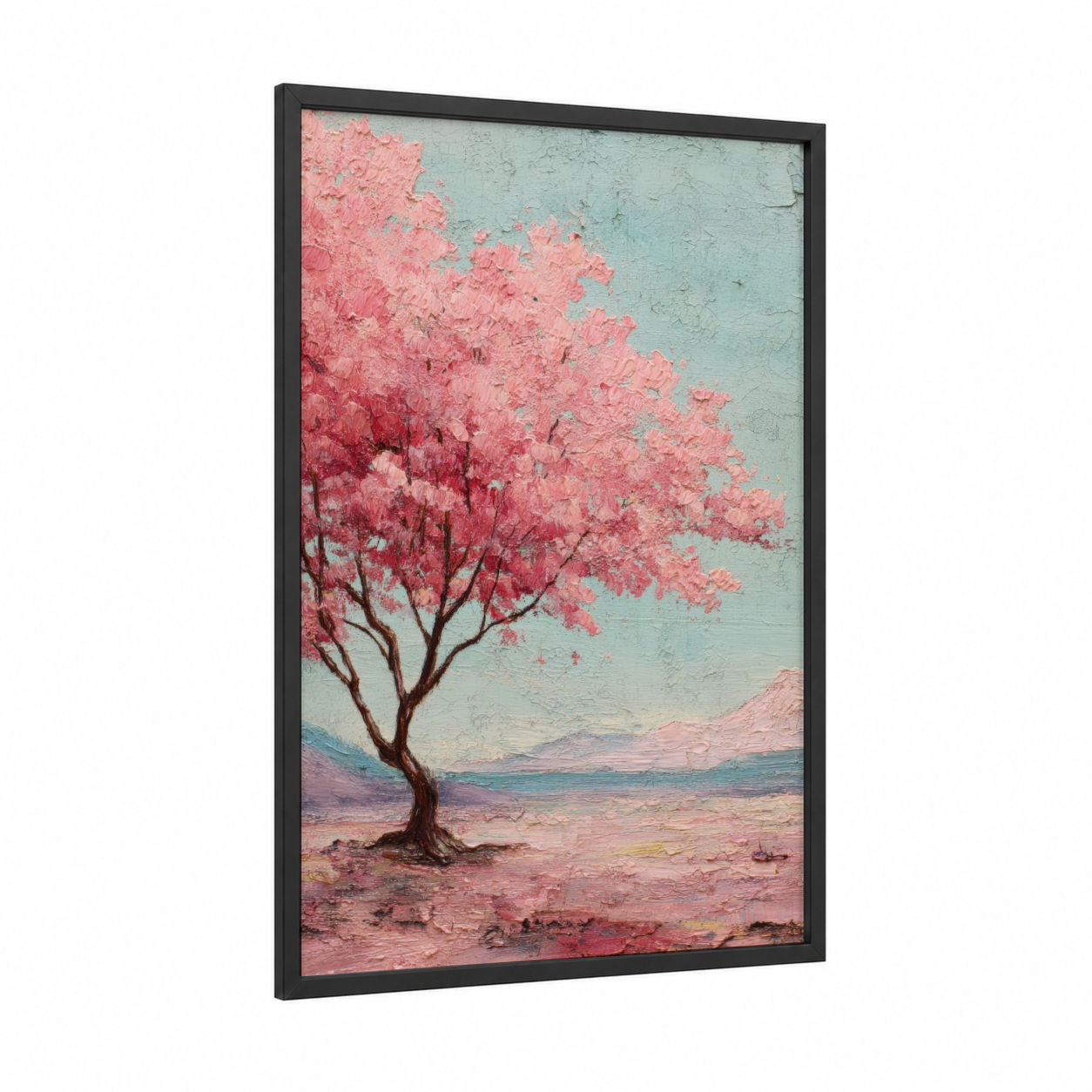 Desert Bloom Cherry framed cherry blossoms print — black wood frame — pink and blue palette