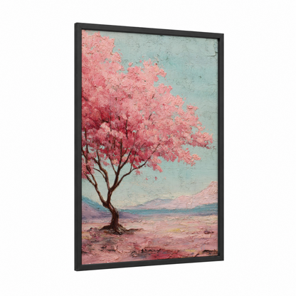 Desert Bloom Cherry framed cherry blossoms print — black wood frame — pink and blue palette