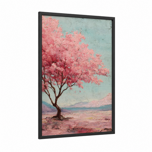 Desert Bloom Cherry framed cherry blossoms print — black wood frame — pink and blue palette