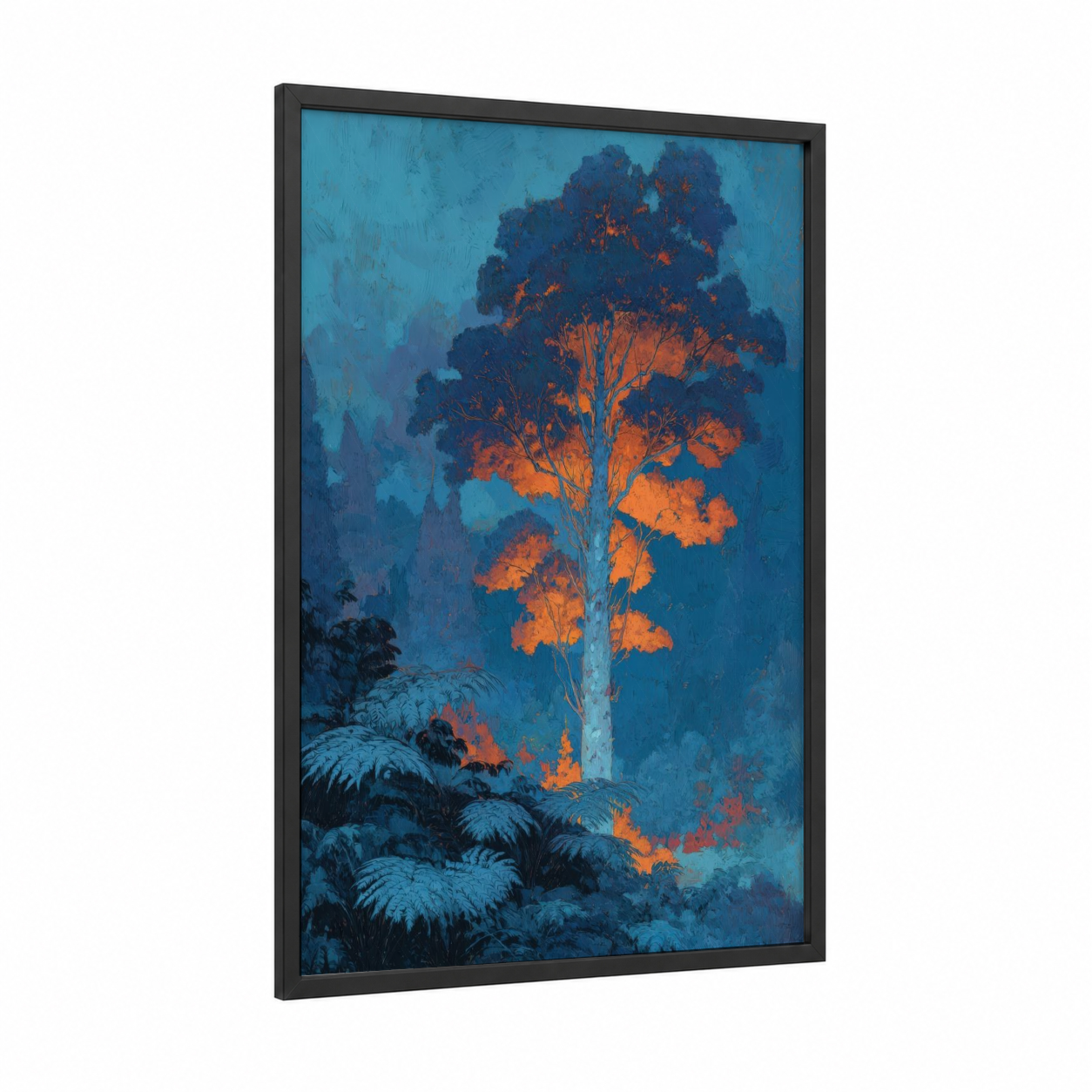 Glowing Kauri Tree framed art print — black wood frame — blue and gold palette