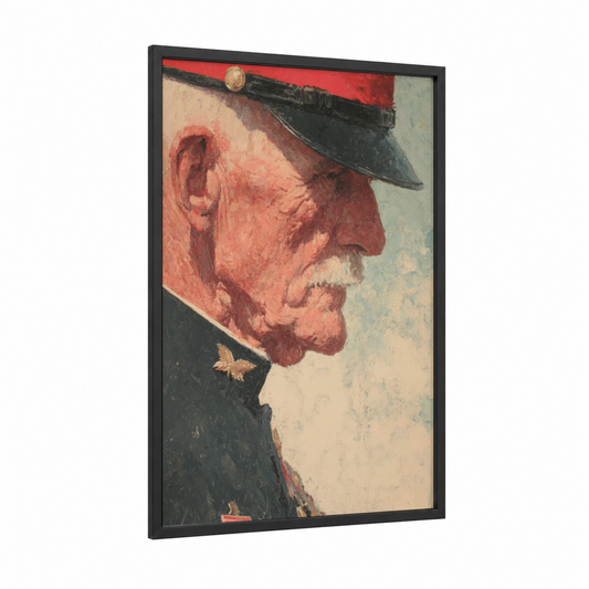 Veteran Soldier Portrait framed veterans day print — black wood frame — salmon pink and dove gray palette