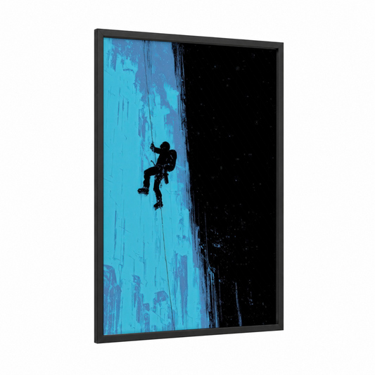Frozen Ascent framed ice climbing print — black wood frame — blue and black palette
