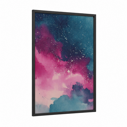 Cosmic Nebula framed galaxy print — black wood frame — magenta and teal palette