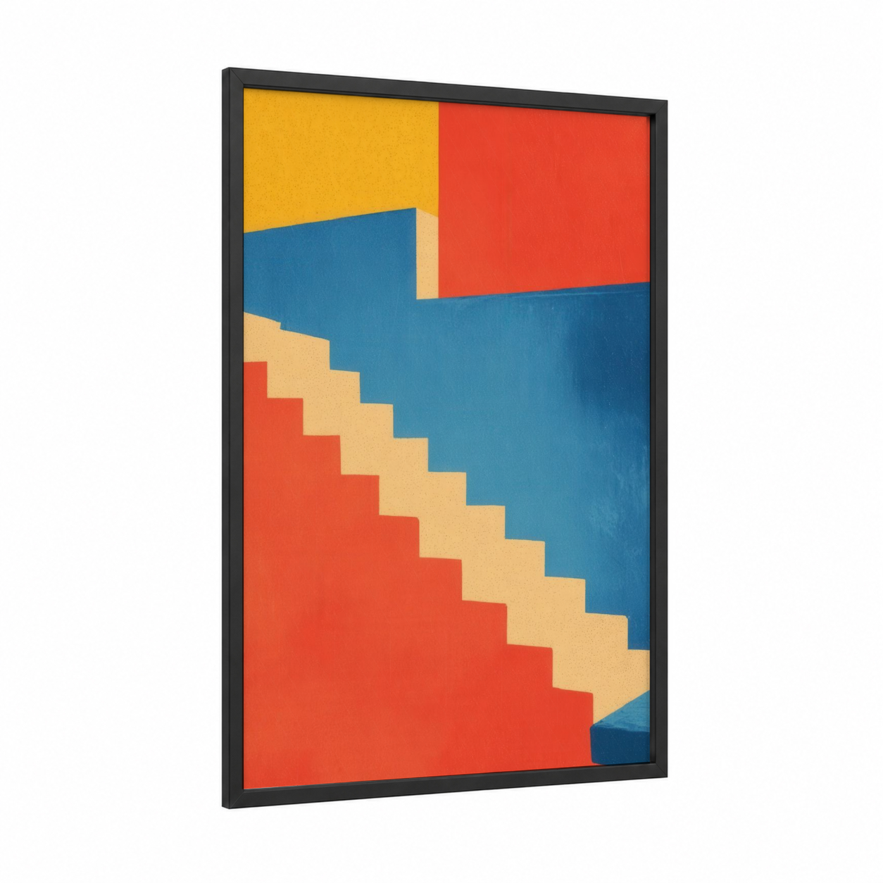 Geometric Staircase framed art print — black wood frame — yellow gold and blue palette