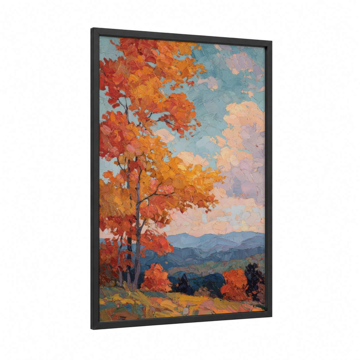 Autumn Blue Ridge framed blue ridge mountains print — black wood frame — orange and blue palette