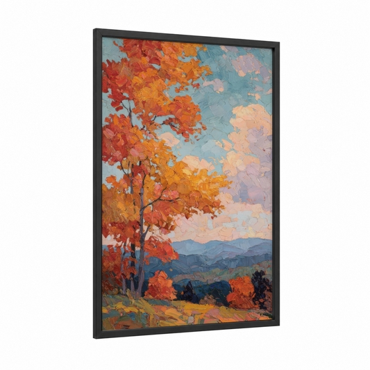 Autumn Blue Ridge framed blue ridge mountains print — black wood frame — orange and blue palette