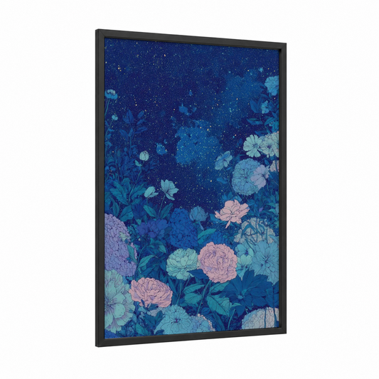 Starlit Garden framed galaxy print — black wood frame — blue and pink palette