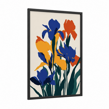Vibrant Iris Bouquet framed art print — black wood frame — blue and orange palette