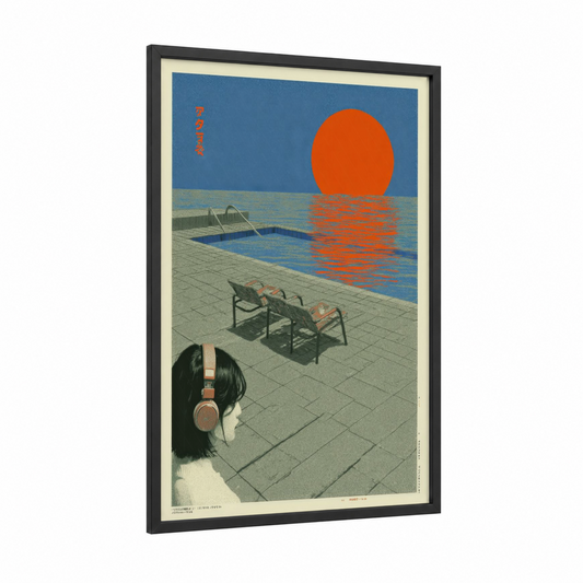 Poolside Nostalgia framed japanese y2k print — black wood frame — blue and orange palette