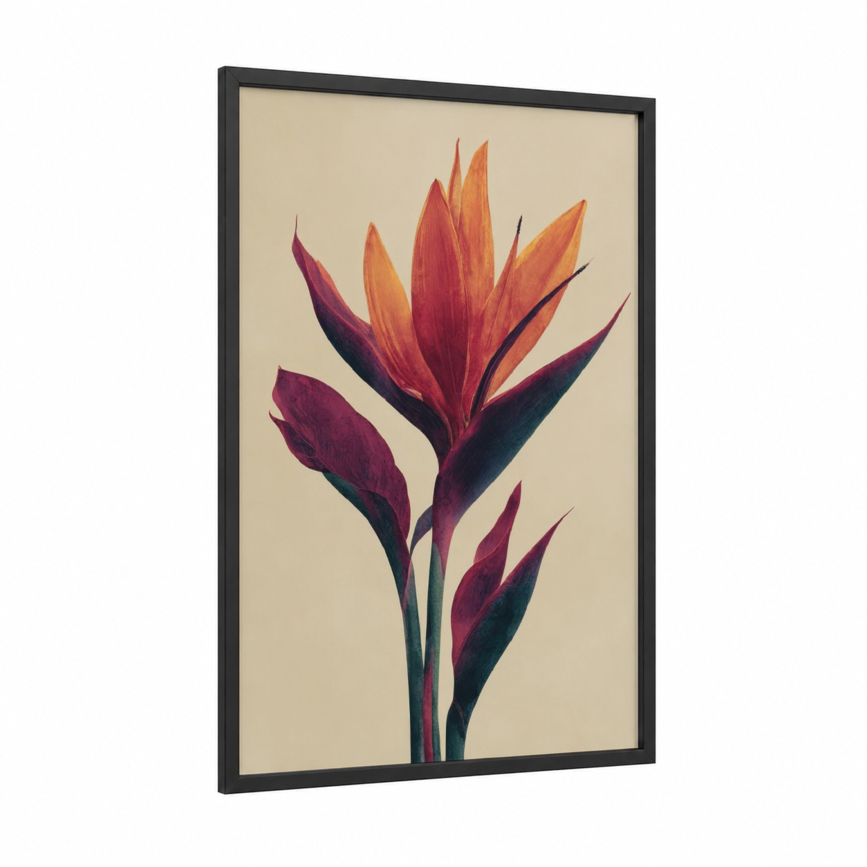 Crimson Paradise Bloom framed birds of paradise print — black wood frame — maroon and orange palette