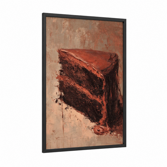 Chocolate Cake Slice framed sweet print — black wood frame — russet and cream palette