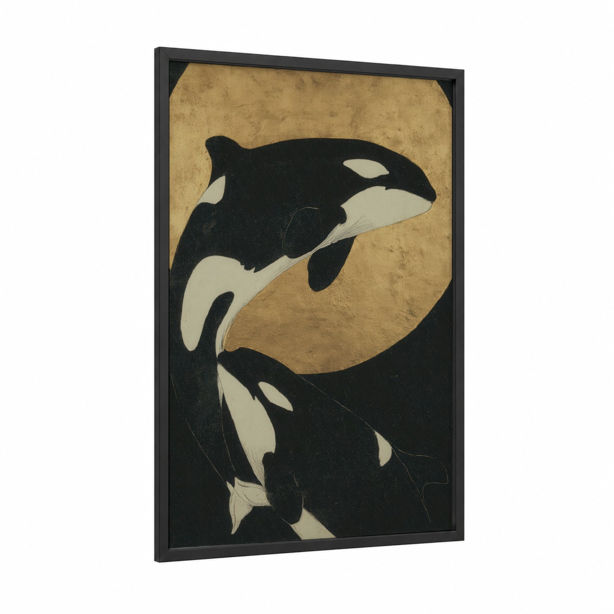 Orca Pair framed orca whale print — black wood frame — black and white and beige palette