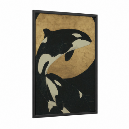 Orca Pair framed orca whale print — black wood frame — black and white and beige palette