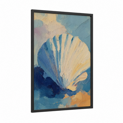 Golden Seashell framed art print — black wood frame — blue and gold and cream palette