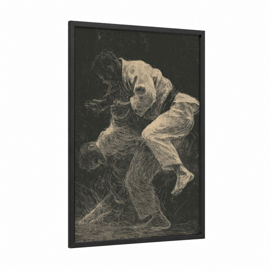 Dynamic Judo Throw framed art print — black wood frame — black and white and cream palette